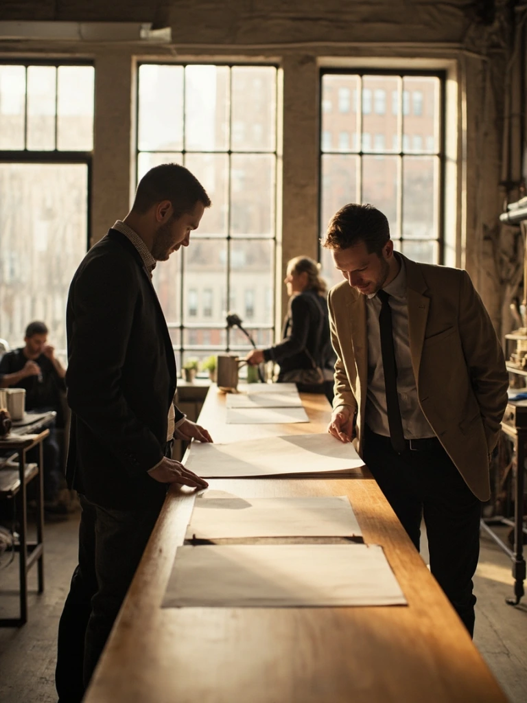 Two partners reviewing printed brand boards at a long studio table, afternoon window light.