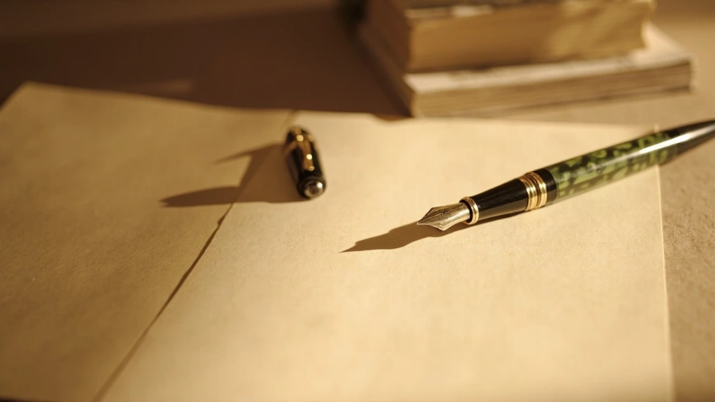 A fountain pen resting on a half-finished manuscript page beside a small stack of past issues of the M&J Quarterly.