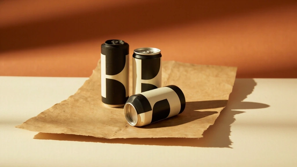 Three printed beverage cans with minimalist labels on aged paper.